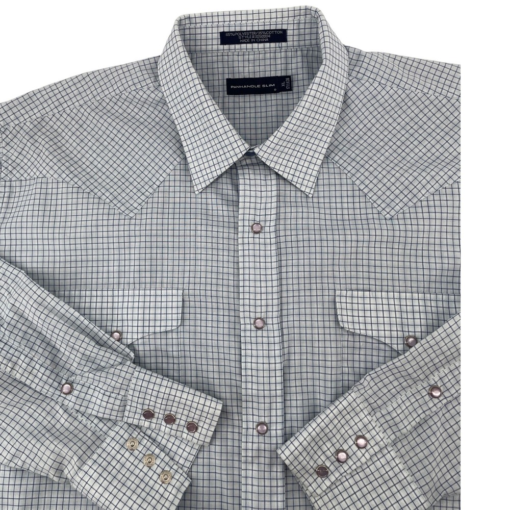 Panhandle Slim Western Shirt Mens XL Blue White Grid Pearl Snap Slim Fit